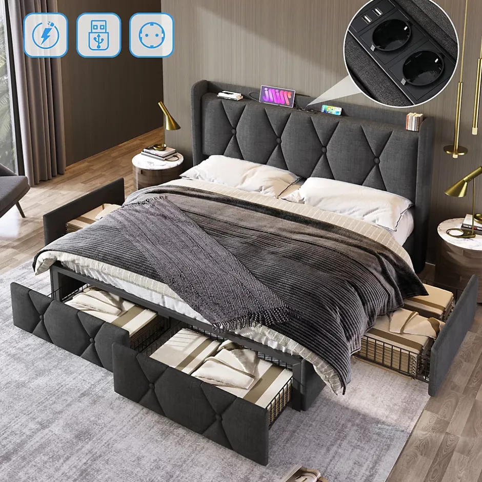 Generique Lit avec rangement 140x200 cm double capitonné avec ports USB et 4 tiroirs, structure lin et bois, gris, sans matelas Outlet