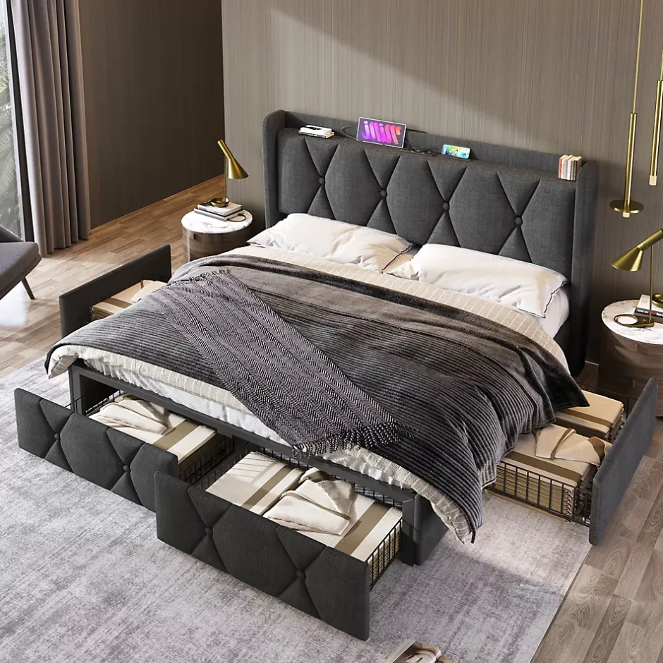 Generique Lit avec rangement 140x200 cm double capitonné avec ports USB et 4 tiroirs, structure lin et bois, gris, sans matelas Outlet