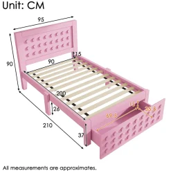 Okwish Lit avec rangement 90x200 cm, lit simple design créatif avec tiroirs intégrés, structure MDF et bois massif, rose sans matelas