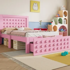 Okwish Lit avec rangement 90x200 cm, lit simple design créatif avec tiroirs intégrés, structure MDF et bois massif, rose sans matelas