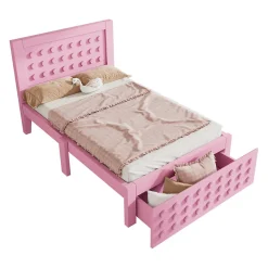 Okwish Lit avec rangement 90x200 cm, lit simple design créatif avec tiroirs intégrés, structure MDF et bois massif, rose sans matelas