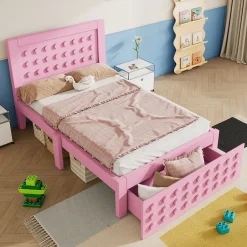 Okwish Lit avec rangement 90x190 cm, lit simple avec tiroirs pratiques et sommier inclus, MDF et bois massif, rose sans matelas