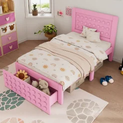 Okwish Lit avec rangement 90x190 cm, lit simple avec tiroirs pratiques et sommier inclus, MDF et bois massif, rose sans matelas