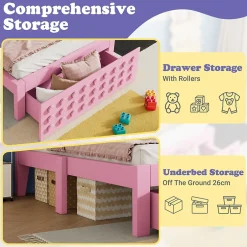 Okwish Lit avec rangement 90x190 cm, lit simple avec tiroirs pratiques et sommier inclus, MDF et bois massif, rose sans matelas