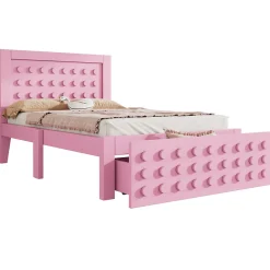 Okwish Lit avec rangement 90x190 cm, lit simple avec tiroirs pratiques et sommier inclus, MDF et bois massif, rose sans matelas