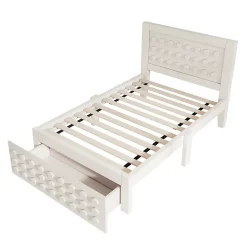 Okwish Lit avec rangement 90x190 cm, lit simple design créatif avec tiroirs et sommier inclus, MDF et bois massif, blanc sans matelas New