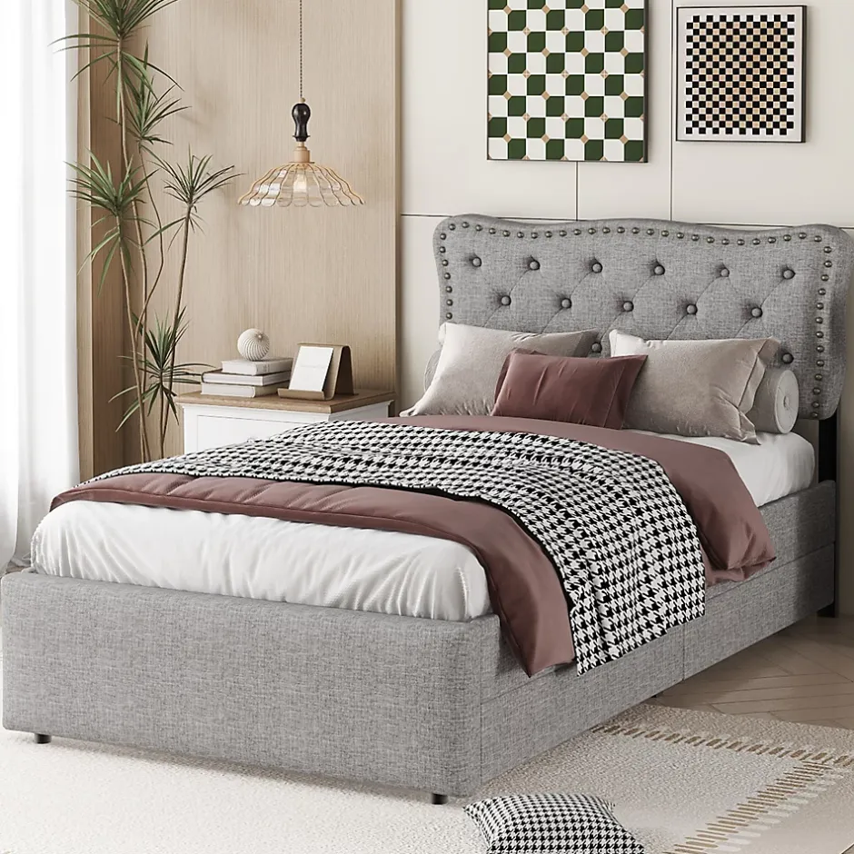 Okwish Lit avec rangement 90x200 cm simple capitonné avec 2 tiroirs et tête de lit ondulée cloutée - revêtement en lin gris Best