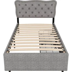 Okwish Lit avec rangement 90x200 cm simple capitonné avec 2 tiroirs et tête de lit ondulée cloutée - revêtement en lin gris Best