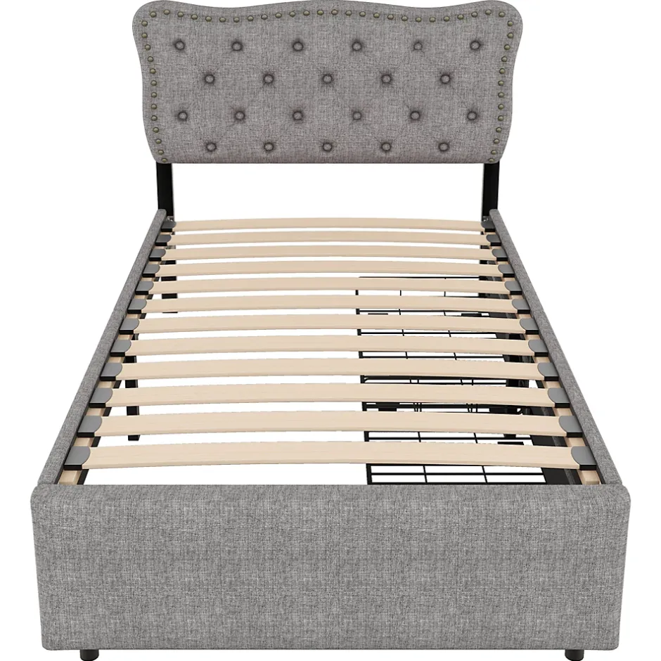 Okwish Lit avec rangement 90x200 cm simple capitonné avec 2 tiroirs et tête de lit ondulée cloutée - revêtement en lin gris Best