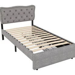 Okwish Lit avec rangement 90x200 cm simple capitonné avec 2 tiroirs et tête de lit ondulée cloutée - revêtement en lin gris Best