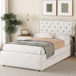 Okwish Lit avec rangement 90x200 cm simple capitonné avec 2 tiroirs et tête de lit ondulée cloutée - revêtement en lin beige clair