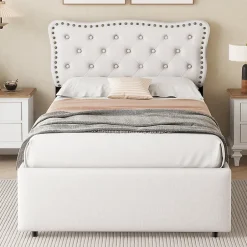 Okwish Lit avec rangement 90x200 cm simple capitonné avec 2 tiroirs et tête de lit ondulée cloutée - revêtement en lin beige clair
