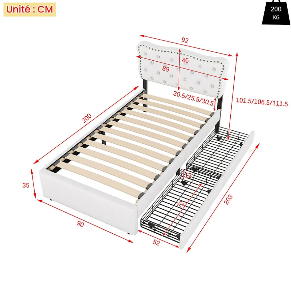 Okwish Lit avec rangement 90x200 cm simple capitonné avec 2 tiroirs et tête de lit ondulée cloutée - revêtement en lin beige clair