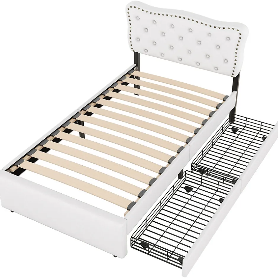 Okwish Lit avec rangement 90x200 cm simple capitonné avec 2 tiroirs et tête de lit ondulée cloutée - revêtement en lin beige clair