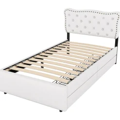 Okwish Lit avec rangement 90x200 cm simple capitonné avec 2 tiroirs et tête de lit ondulée cloutée - revêtement en lin beige clair