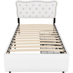 Okwish Lit avec rangement 90x200 cm simple capitonné avec 2 tiroirs et tête de lit ondulée cloutée - revêtement en lin beige clair