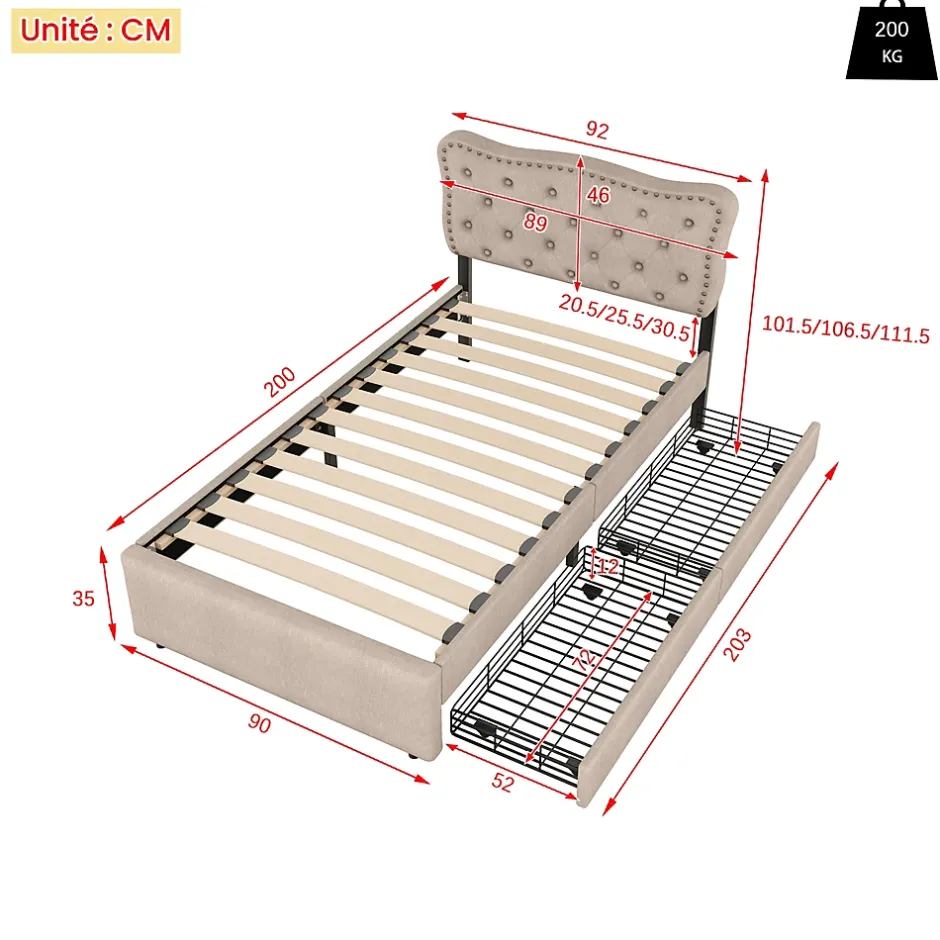 Okwish Lit avec rangement 90x200 cm simple capitonné avec 2 tiroirs et tête de lit courbée cloutée - revêtement en lin beige foncé Sale
