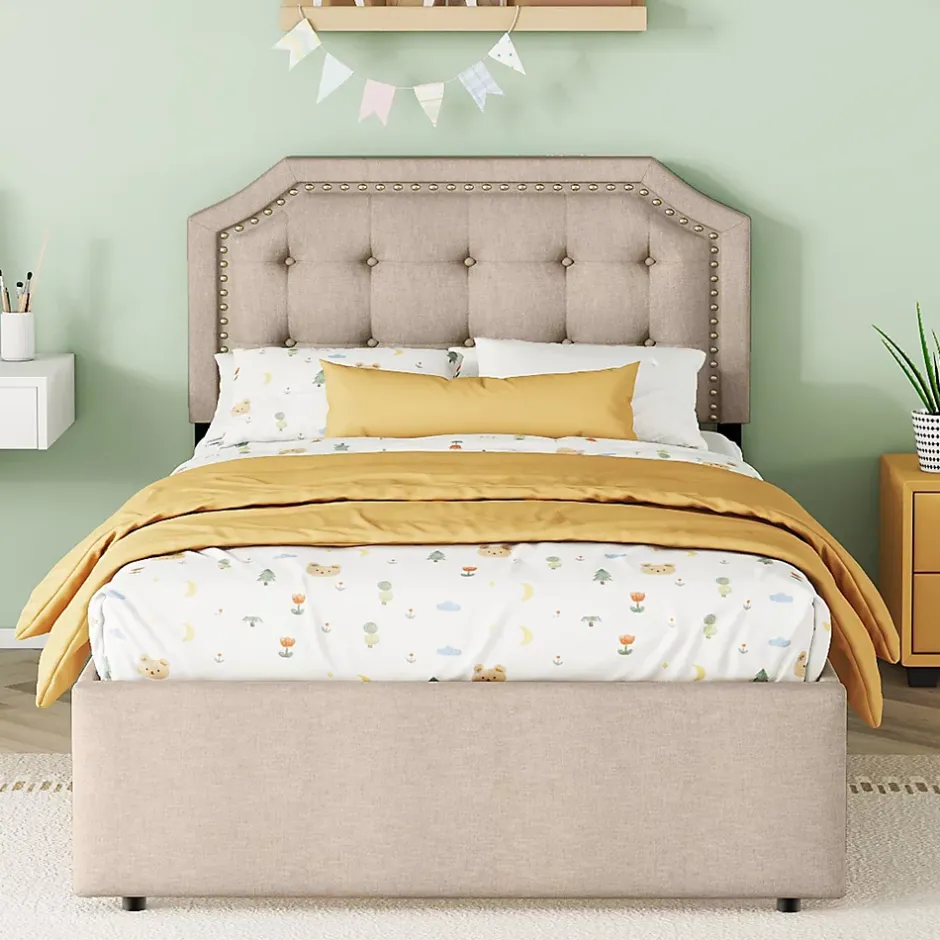 Okwish Lit avec rangement 90x200 cm simple capitonné avec 2 tiroirs et tête de lit courbée cloutée - revêtement en lin beige foncé Sale