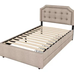 Okwish Lit avec rangement 90x200 cm simple capitonné avec 2 tiroirs et tête de lit courbée cloutée - revêtement en lin beige foncé Sale