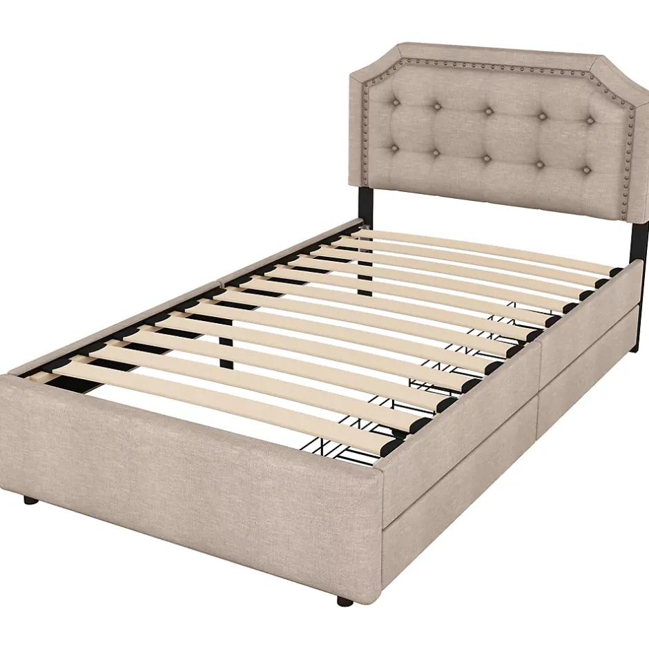 Okwish Lit avec rangement 90x200 cm simple capitonné avec 2 tiroirs et tête de lit courbée cloutée - revêtement en lin beige foncé Sale