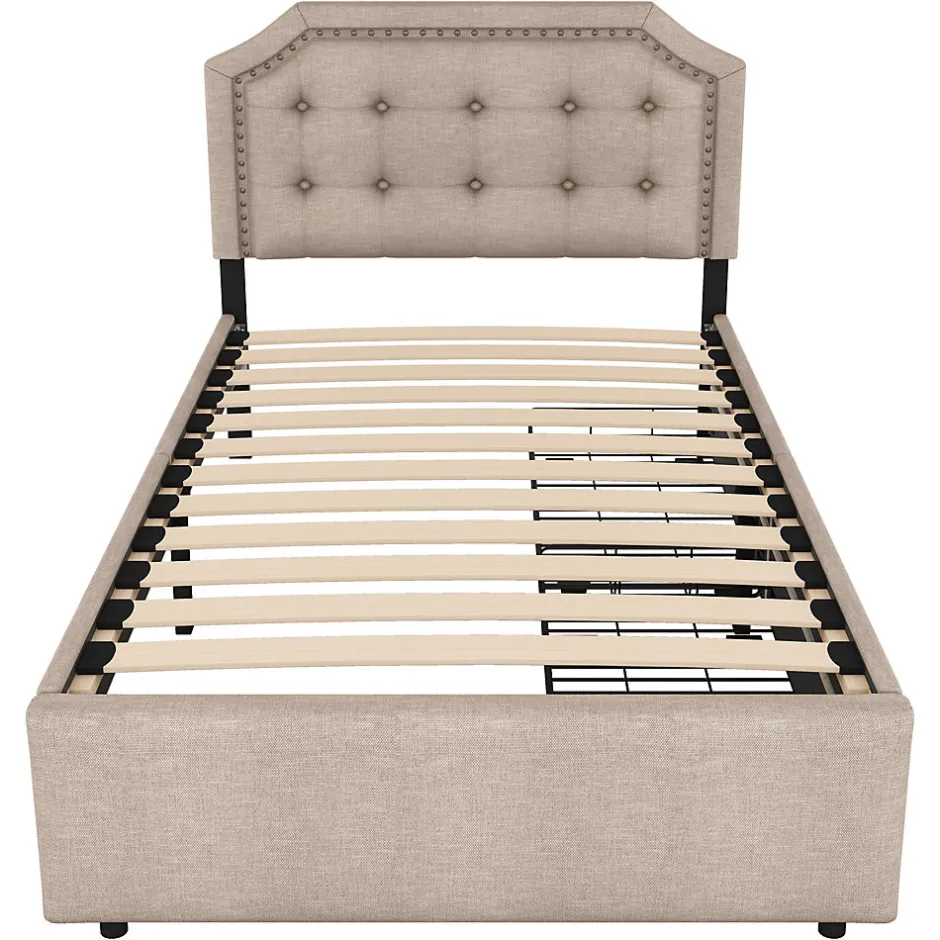 Okwish Lit avec rangement 90x200 cm simple capitonné avec 2 tiroirs et tête de lit courbée cloutée - revêtement en lin beige foncé Sale