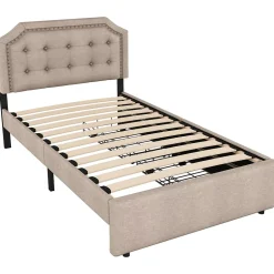 Okwish Lit avec rangement 90x200 cm simple capitonné avec 2 tiroirs et tête de lit courbée cloutée - revêtement en lin beige foncé Sale