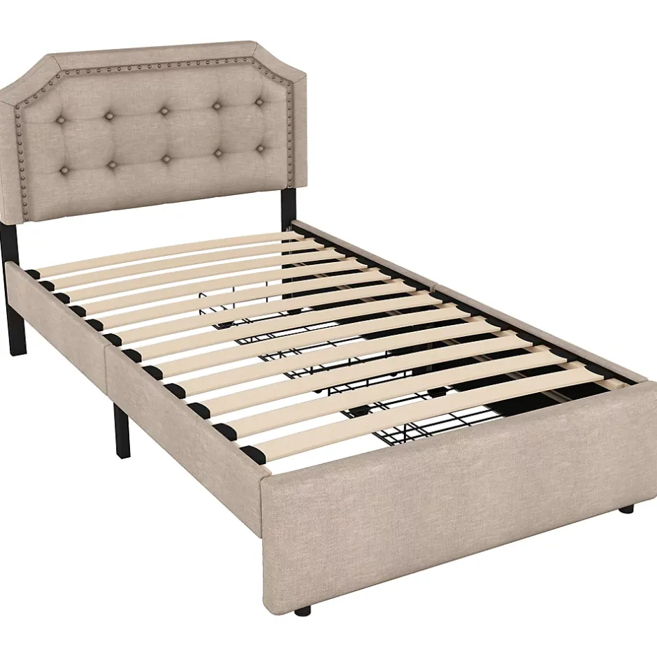 Okwish Lit avec rangement 90x200 cm simple capitonné avec 2 tiroirs et tête de lit courbée cloutée - revêtement en lin beige foncé Sale