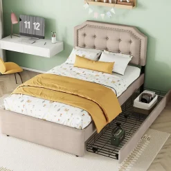 Okwish Lit avec rangement 90x200 cm simple capitonné avec 2 tiroirs et tête de lit courbée cloutée - revêtement en lin beige foncé Sale