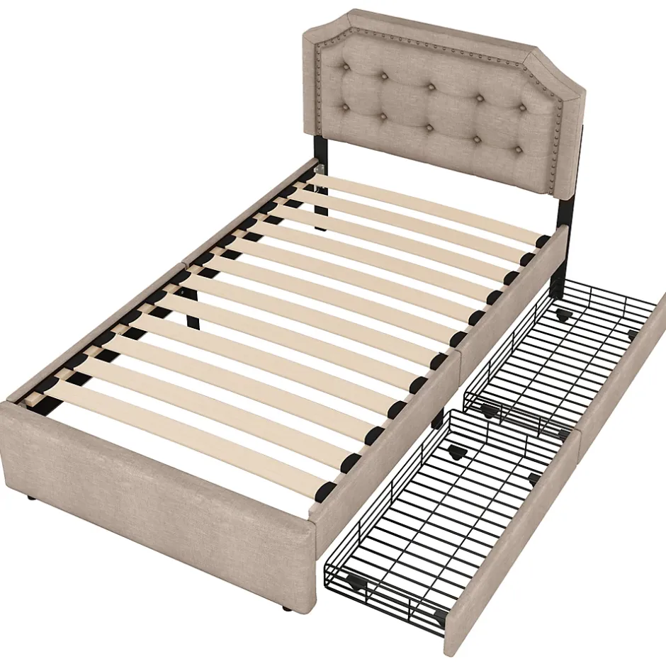 Okwish Lit avec rangement 90x200 cm simple capitonné avec 2 tiroirs et tête de lit courbée cloutée - revêtement en lin beige foncé Sale