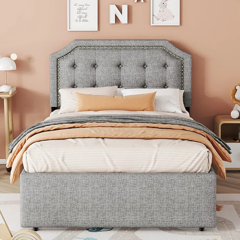 Okwish Lit avec rangement 90x200 cm simple capitonné avec 2 tiroirs et tête de lit courbée cloutée - revêtement en lin gris