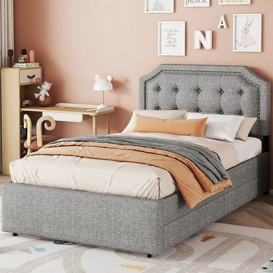 Okwish Lit avec rangement 90x200 cm simple capitonné avec 2 tiroirs et tête de lit courbée cloutée - revêtement en lin gris