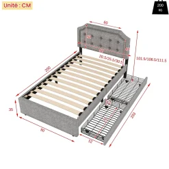 Okwish Lit avec rangement 90x200 cm simple capitonné avec 2 tiroirs et tête de lit courbée cloutée - revêtement en lin gris