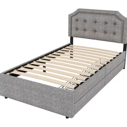 Okwish Lit avec rangement 90x200 cm simple capitonné avec 2 tiroirs et tête de lit courbée cloutée - revêtement en lin gris