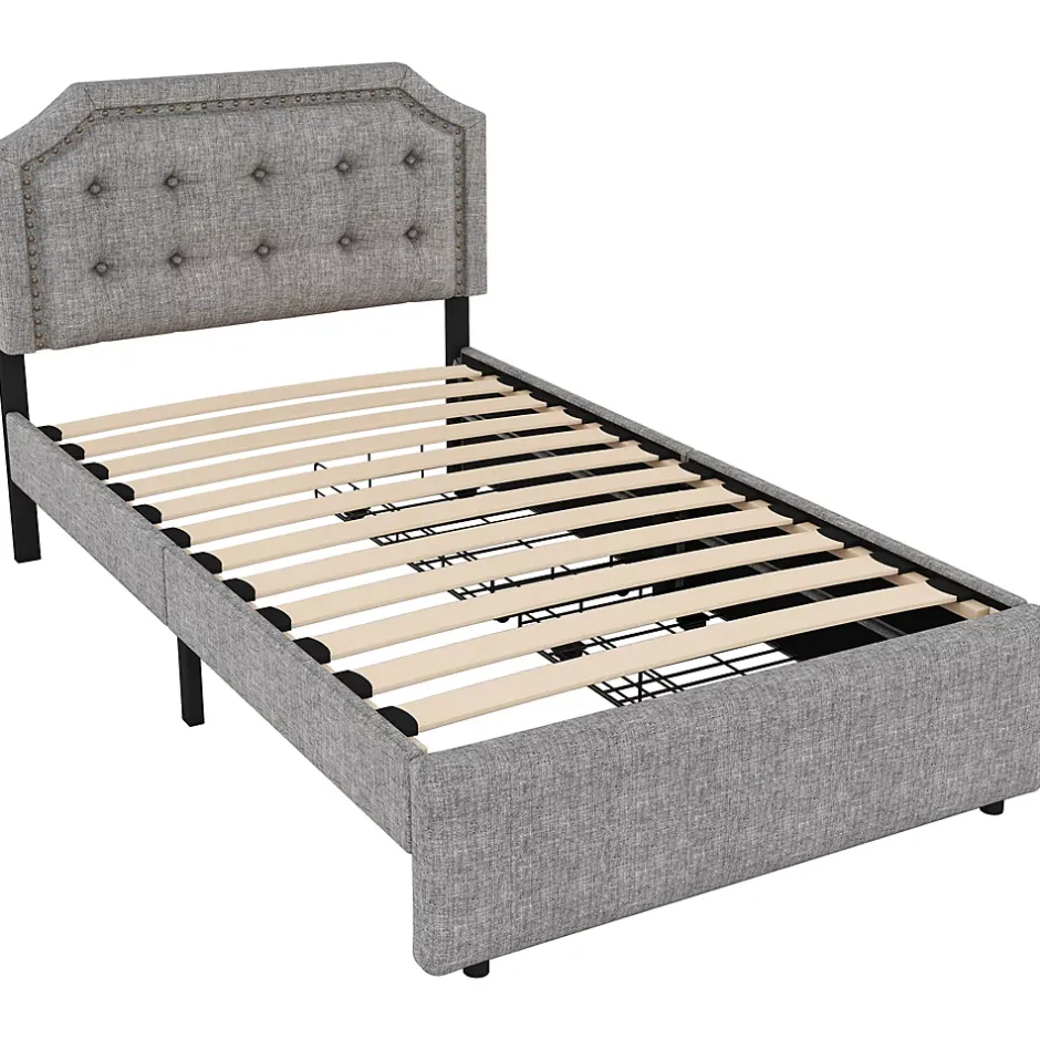 Okwish Lit avec rangement 90x200 cm simple capitonné avec 2 tiroirs et tête de lit courbée cloutée - revêtement en lin gris