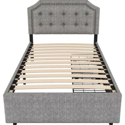 Okwish Lit avec rangement 90x200 cm simple capitonné avec 2 tiroirs et tête de lit courbée cloutée - revêtement en lin gris
