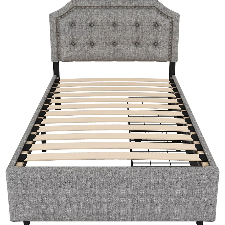 Okwish Lit avec rangement 90x200 cm simple capitonné avec 2 tiroirs et tête de lit courbée cloutée - revêtement en lin gris