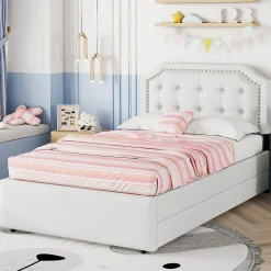Okwish Lit avec rangement 90x200 cm simple capitonné avec 2 tiroirs et tête de lit courbée cloutée - revêtement en lin beige foncé