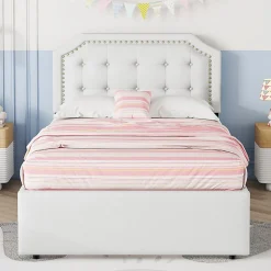 Okwish Lit avec rangement 90x200 cm simple capitonné avec 2 tiroirs et tête de lit courbée cloutée - revêtement en lin beige foncé