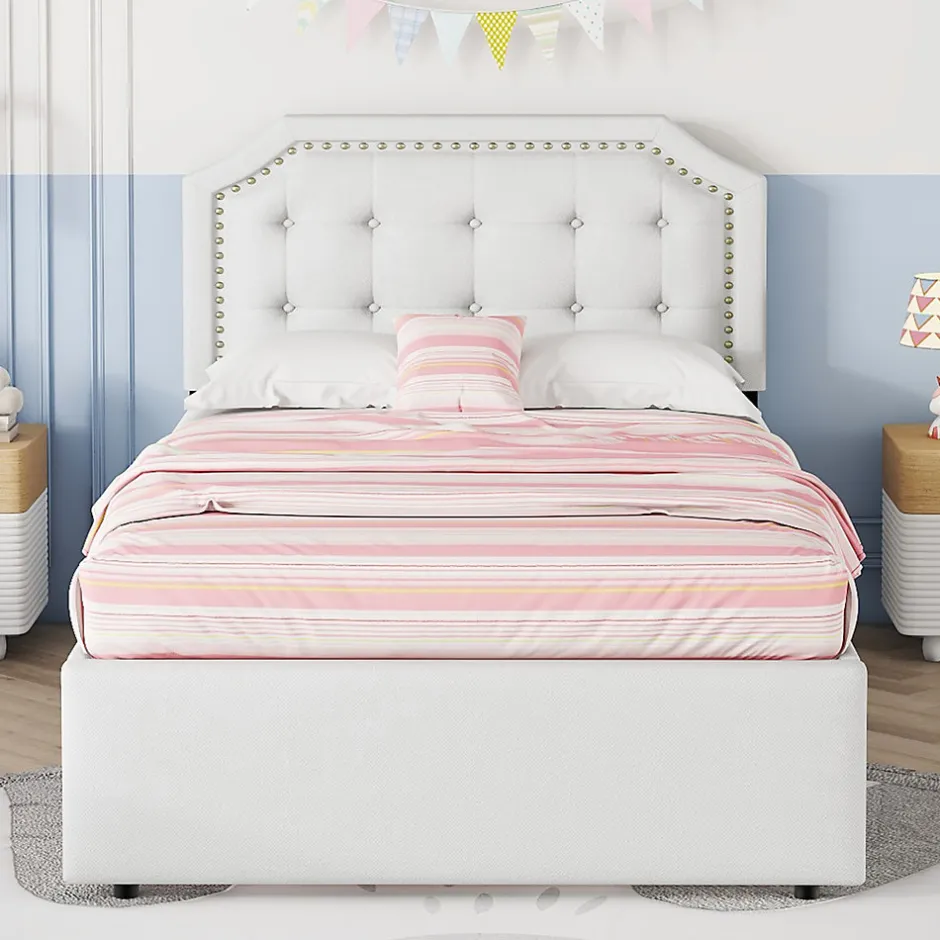 Okwish Lit avec rangement 90x200 cm simple capitonné avec 2 tiroirs et tête de lit courbée cloutée - revêtement en lin beige foncé