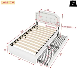 Okwish Lit avec rangement 90x200 cm simple capitonné avec 2 tiroirs et tête de lit courbée cloutée - revêtement en lin beige foncé