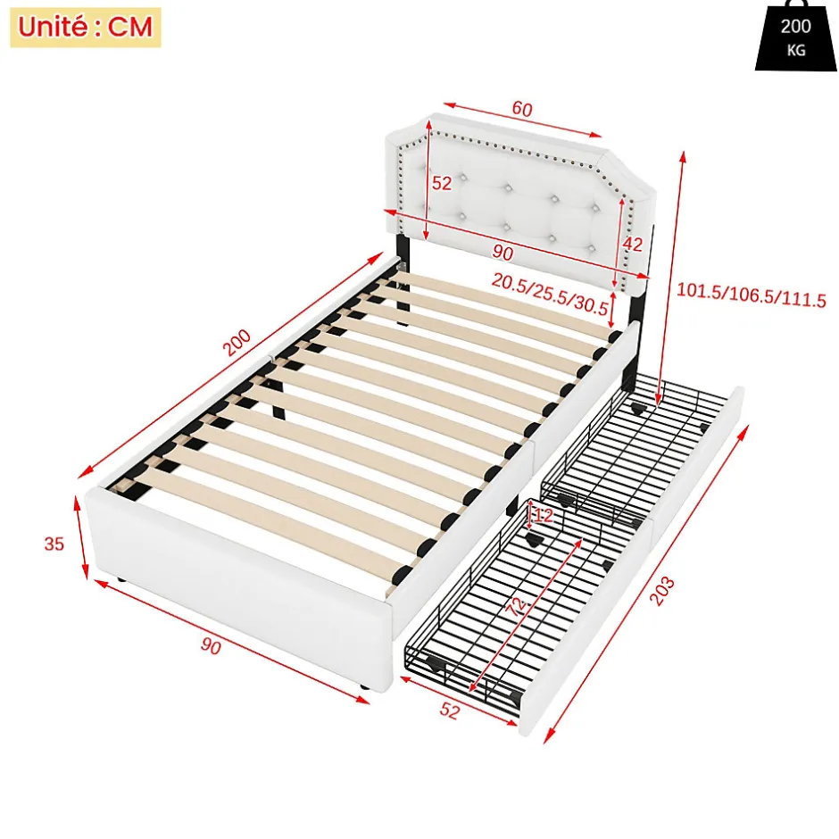 Okwish Lit avec rangement 90x200 cm simple capitonné avec 2 tiroirs et tête de lit courbée cloutée - revêtement en lin beige foncé
