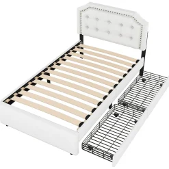 Okwish Lit avec rangement 90x200 cm simple capitonné avec 2 tiroirs et tête de lit courbée cloutée - revêtement en lin beige foncé