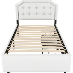 Okwish Lit avec rangement 90x200 cm simple capitonné avec 2 tiroirs et tête de lit courbée cloutée - revêtement en lin beige foncé