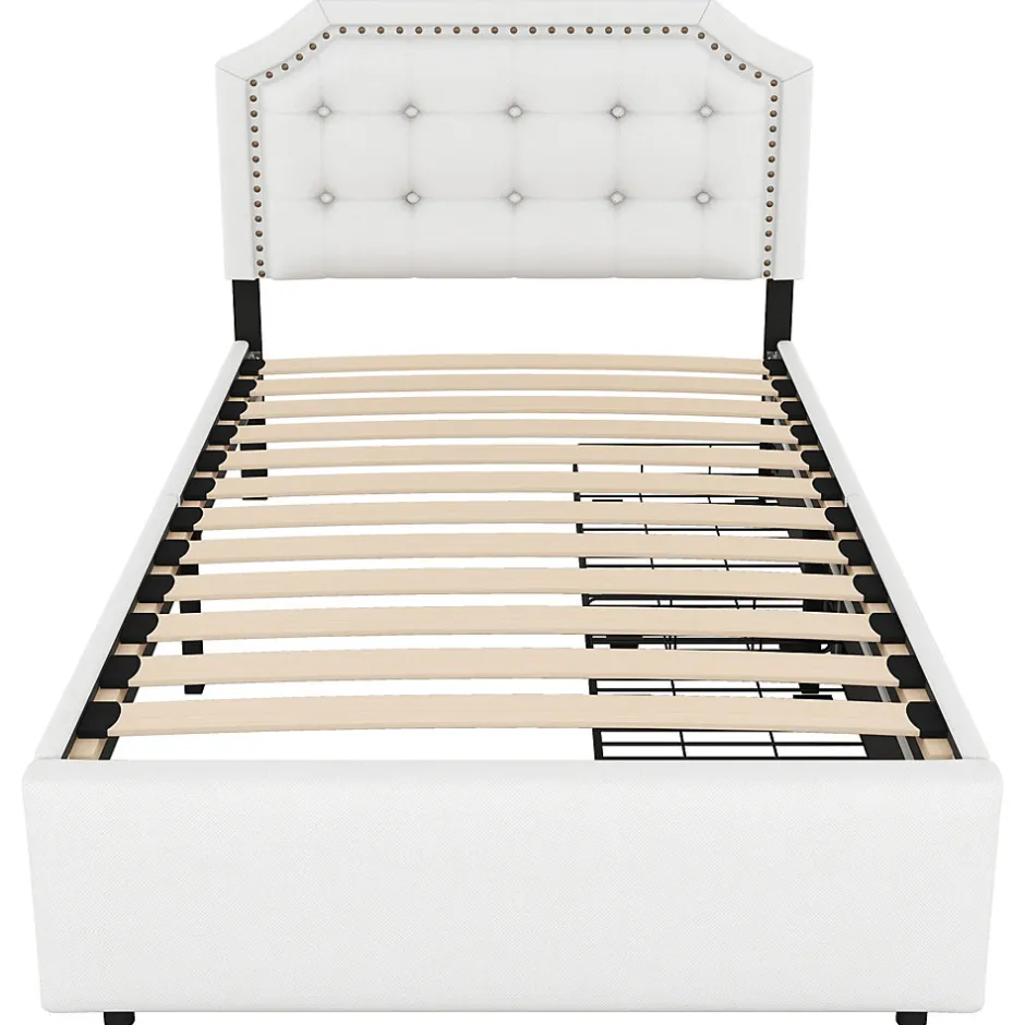Okwish Lit avec rangement 90x200 cm simple capitonné avec 2 tiroirs et tête de lit courbée cloutée - revêtement en lin beige foncé
