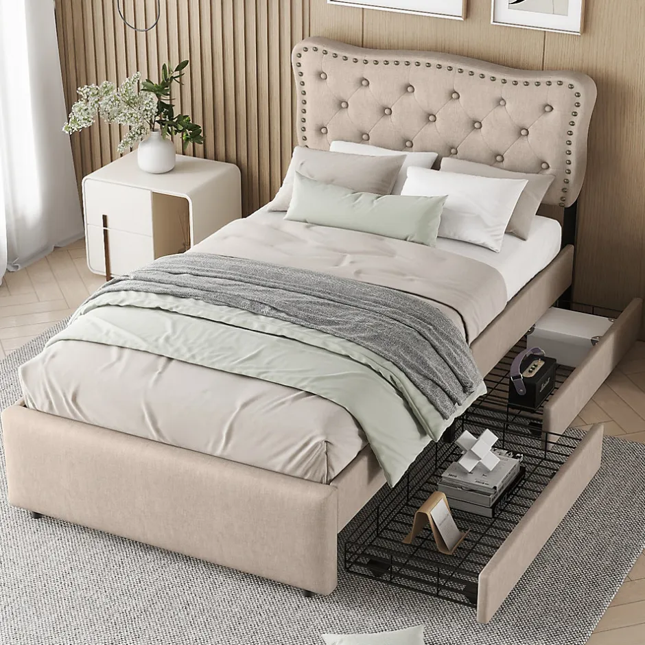 Okwish Lit avec rangement 90x200 cm simple capitonné avec 2 tiroirs et tête de lit ondulée cloutée - revêtement en lin beige foncé
