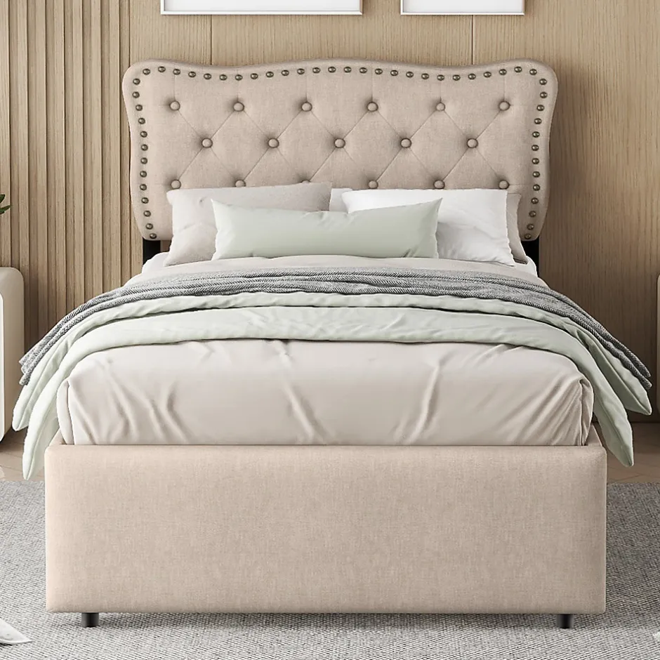 Okwish Lit avec rangement 90x200 cm simple capitonné avec 2 tiroirs et tête de lit ondulée cloutée - revêtement en lin beige foncé