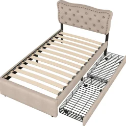 Okwish Lit avec rangement 90x200 cm simple capitonné avec 2 tiroirs et tête de lit ondulée cloutée - revêtement en lin beige foncé