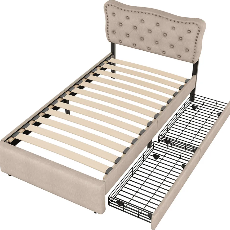 Okwish Lit avec rangement 90x200 cm simple capitonné avec 2 tiroirs et tête de lit ondulée cloutée - revêtement en lin beige foncé
