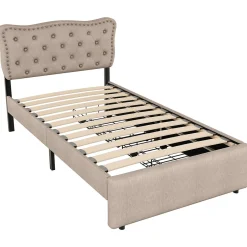 Okwish Lit avec rangement 90x200 cm simple capitonné avec 2 tiroirs et tête de lit ondulée cloutée - revêtement en lin beige foncé