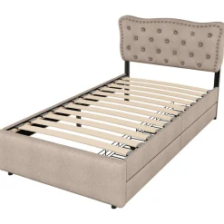 Okwish Lit avec rangement 90x200 cm simple capitonné avec 2 tiroirs et tête de lit ondulée cloutée - revêtement en lin beige foncé